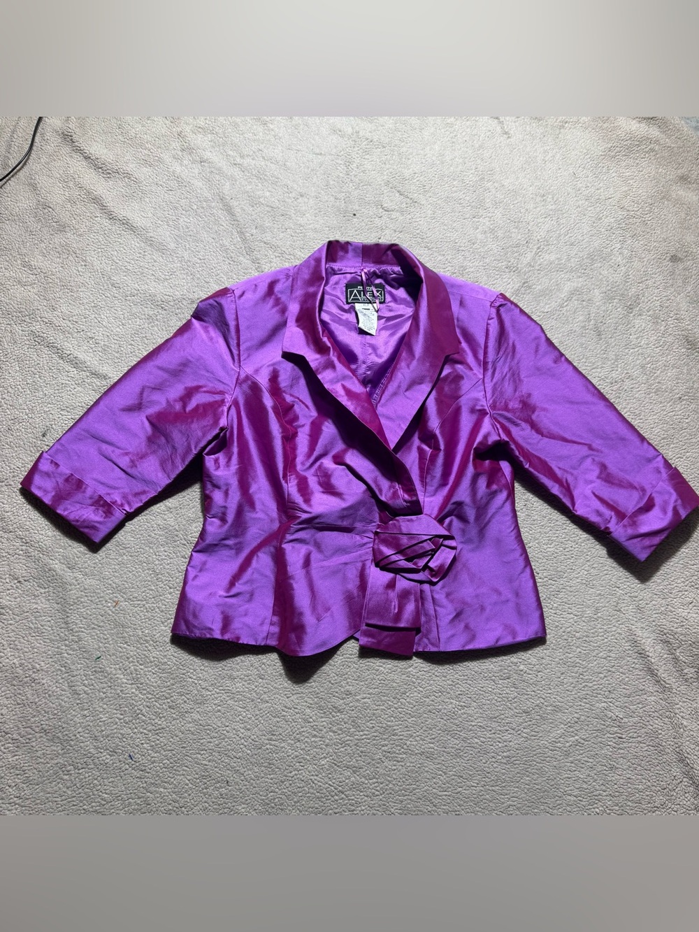 Alex Evenings Jacket Womens XLP Petite Purple 1/2 Sleeve Satin Open Collar Top